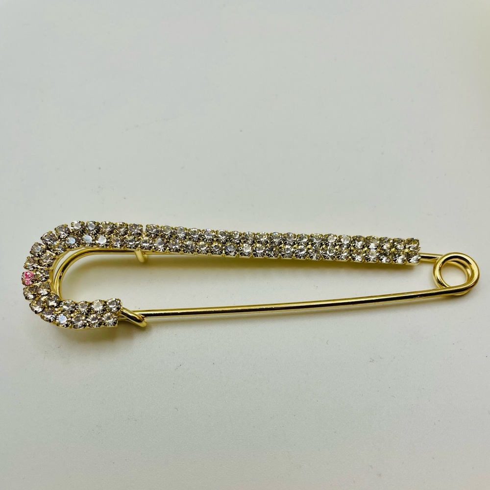 Gold-Tone Crystal Safety Pin Brooch - Clear Rhinestones